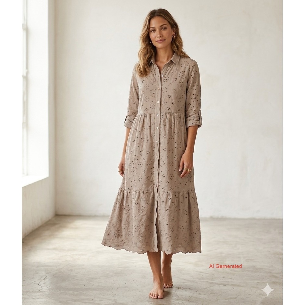 Laura Bianchi Italy Eyelet Midi Dress Brown Cotton Cottagecore Lined Sz M Boho